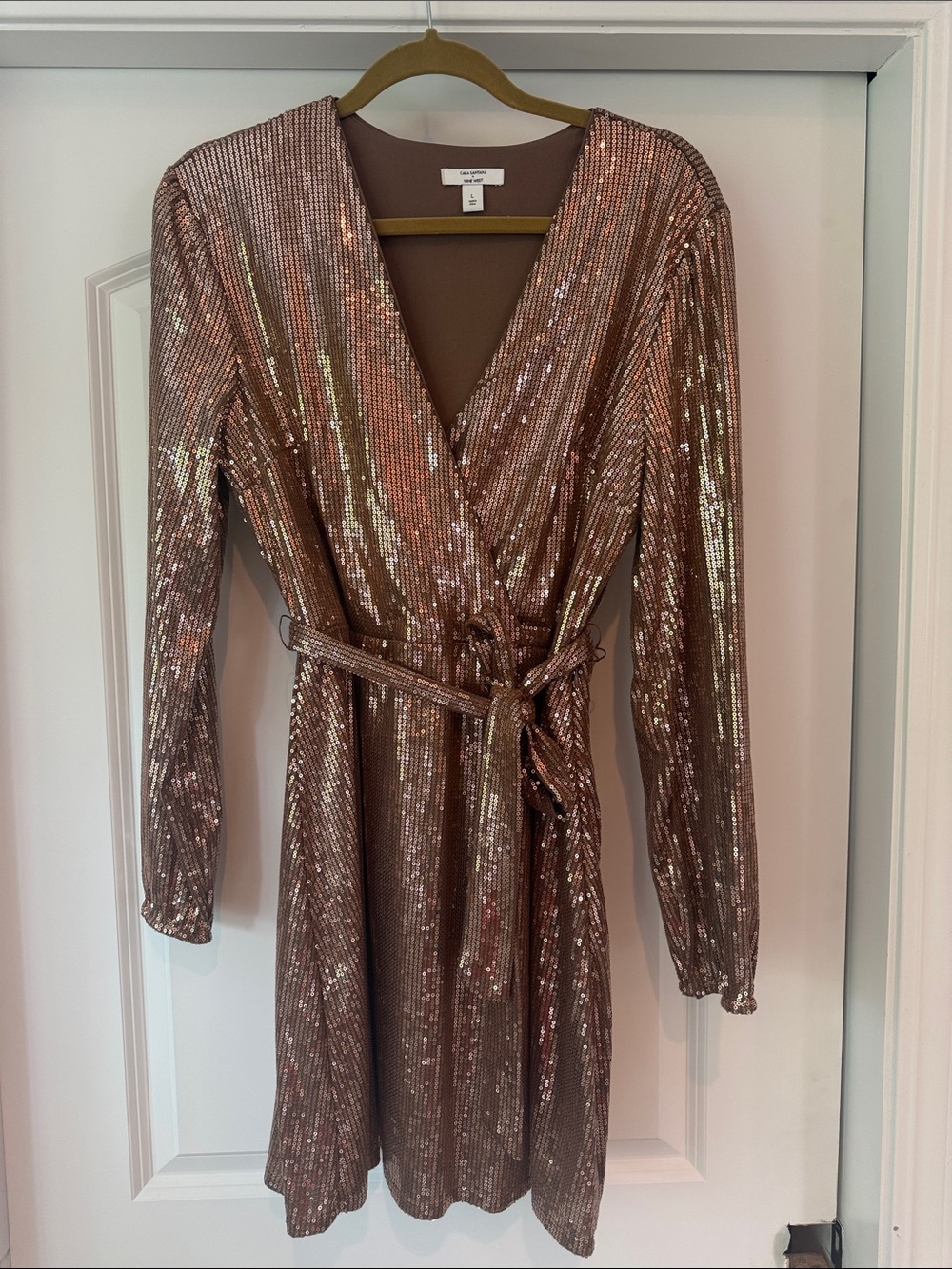 Nine West Rose Gold Sequin Long Sleeve Wrap Dress